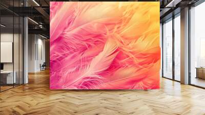 Vibrant pink and yellow gradient background with feather texture for a festive touch. The soft, fluffy feathers add an artistic feel to the design, creating a visually appealing and dynamic wallpaper  Wall mural