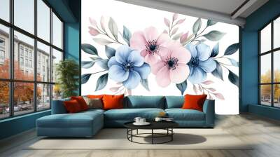 Watercolor floral bouquet with pink, blue, and red flowers on a white background illustration clipart. Wall mural