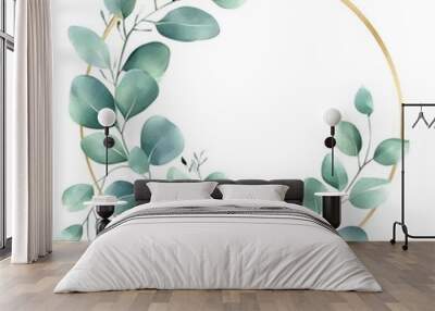 Watercolor pastel light green eucalyptus and gold-framed circle,  Wall mural