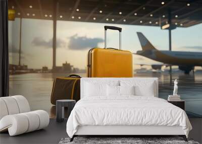 Yellow suitcase and travel bag in an airport terminal with an airplane in the background. Travel concept Wall mural