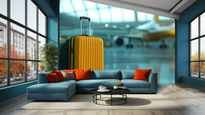 Yellow suitcase and travel bag in an airport terminal with an airplane in the background. Travel concept Wall mural