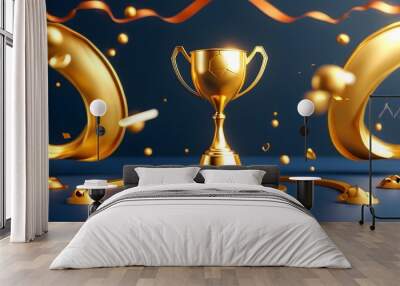 3D Rendered Golden Trophy in Dynamic Sports Competition Scene Wall mural