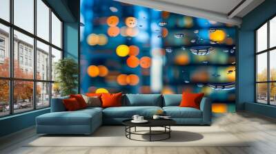 Abstract blue blurred background featuring a bright building bokeh effect Wall mural