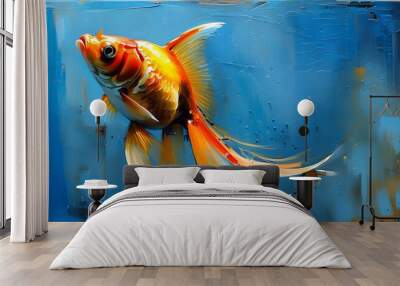 Abstract blue digital business technology painting featuring a lake with goldfish on a textured canvas Wall mural