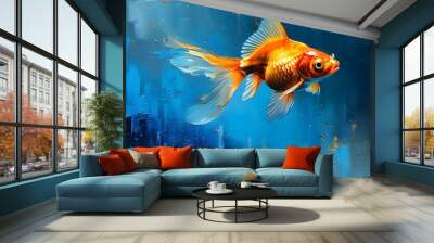 Abstract blue digital business technology painting featuring a lake with goldfish on a textured canvas Wall mural