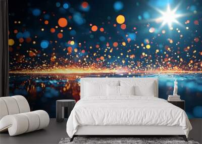 Abstract dark elements contrasting with bright stars in a light-filled space, creating a festive blue and red Christmas night adorned with sparkling stripes. Wall mural