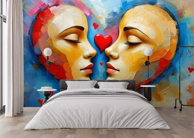 Abstract depiction of two faces merging into a heart, representing love, connection, and unity Wall mural