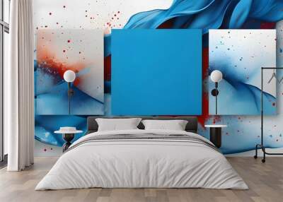 Abstract design featuring blue banners, headers, and three bold blots Wall mural