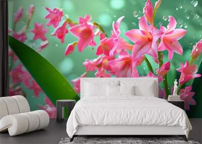 Abstract digital background featuring light pink lily of the valley plants in a vivid graphic design Wall mural