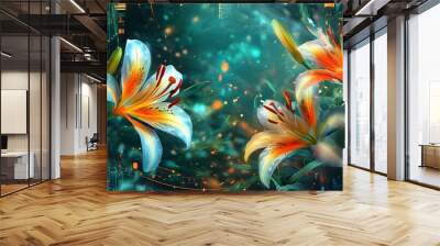 Abstract digital fantasy of lily flowers intertwined with technology in a vibrant graphic poster design Wall mural