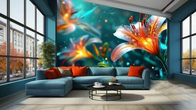 Abstract digital fantasy of lily flowers intertwined with technology in a vibrant graphic poster design Wall mural