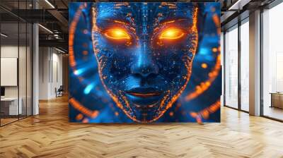 Abstract face design illuminated by blue and orange glow against a vibrant blue background Wall mural