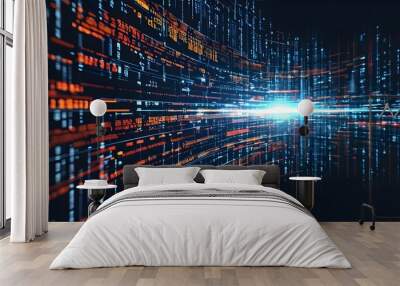 Abstract technology background with layered binary data flow and big data visualization patterns Wall mural