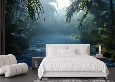 Abstract Tropical Jungle Morning with Blue Fog and Green Mosaic Palms in 3D Square Pattern Wall mural