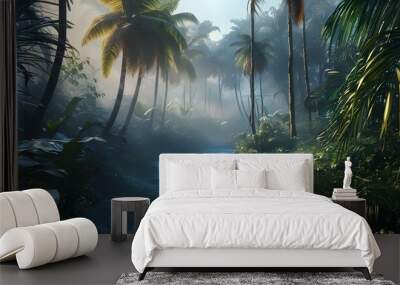 Abstract Tropical Jungle Morning with Blue Fog and Green Mosaic Palms in 3D Square Pattern Wall mural