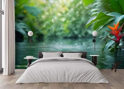 Abstract Tropical Scene with Blurred Water Background, Lush Green Plants, and a Serene River Atmosphere Wall mural