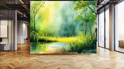 Abstract watercolor depiction of vibrant green forest scenery in nature Wall mural