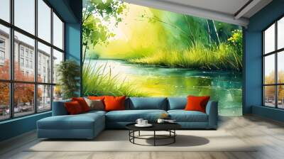 Abstract watercolor forest landscape along a serene riverside Wall mural