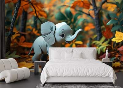 adorable baby elephant exploring autumn jungle adorned with colorful fallen leaves in charming paper cut style illustration for nursery decor Wall mural