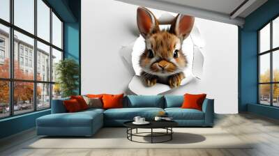 Adorable cartoon rabbit curiously peeking through a sticker hole against a soft white backdrop Wall mural