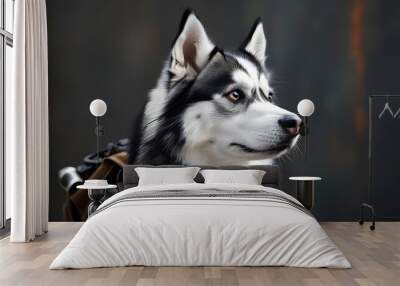 Adorable close-up of a fluffy Siberian Husky in detective gear, showcasing a charming yet serious expression Wall mural