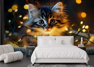 Adorable fluffy kitten playfully tangled in colorful Christmas lights Wall mural