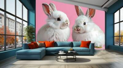 Adorable fluffy white rabbits against a soft pink backdrop Wall mural