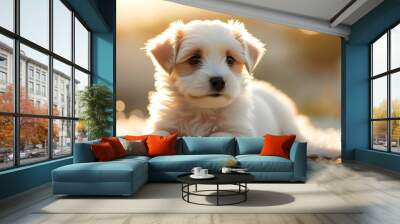 Adorable white puppy lounging on cozy living room carpet with a soft blurred background Wall mural