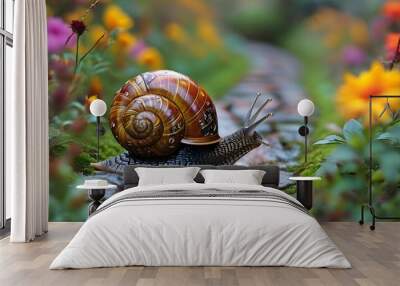 Adventurous Snail Exploring Colorful Garden Trail with Whimsical Backpack Wall mural