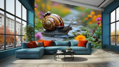 Adventurous Snail Exploring Colorful Garden Trail with Whimsical Backpack Wall mural