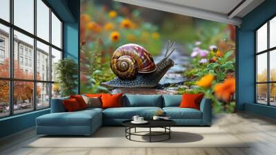 Adventurous Snail Exploring Colorful Garden Trail with Whimsical Backpack Wall mural