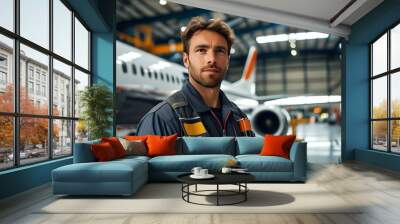 Aircraft Maintenance Technician Posing Proudly in Hangar with Airplane in the Background Wall mural