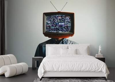 Anonymity and Influence in the Digital Age: A Person with a Television Head Reflects Information Overload and Screen Time on a White Canvas Wall mural