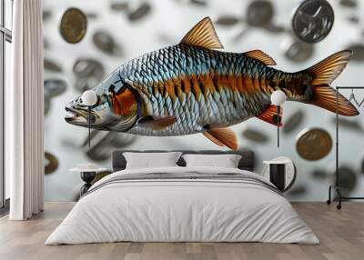 Aquatic abundance: fish gliding through a shimmering river of silver coins amid a minimalistic white backdrop Wall mural