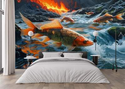 Aquatic Life Thriving in a Lava-Embraced River with Stunning Realism Wall mural