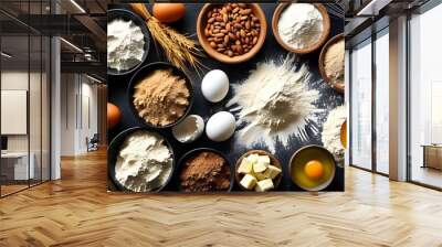 Artful display of diverse baking ingredients on a dark surface Wall mural