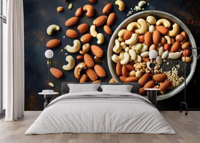 Artfully arranged bowl of mixed nuts and seeds on a dark rustic surface Wall mural