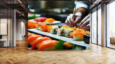 Artisan chef crafting exquisite sushi selections with meticulous skill in a vibrant professional kitchen Wall mural