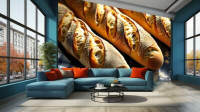 Artisan golden brown baguettes showcasing a crispy crust and fluffy interior in a close-up view Wall mural