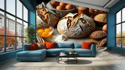 Artisanal bread with rustic ingredients displayed on a wooden table Wall mural