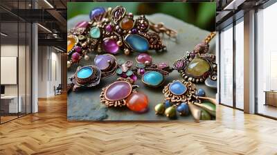 Artisanal jewelry showcase with vibrant gemstones and rustic metal accents against a natural backdrop Wall mural