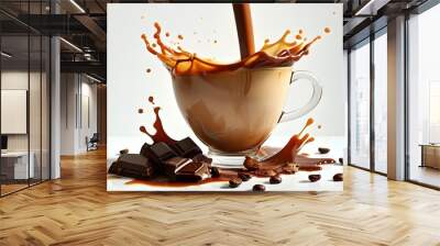 Artistic cascade of rich coffee, chocolate milk, and fresh milk creating a captivating display against a white background Wall mural