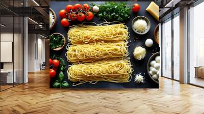 Artistic flat lay of traditional Italian spaghetti with fresh cooking ingredients and vibrant colors Wall mural