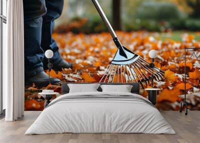 Autumn clean-up with stainless garden rake as leaves transform the garden into a colorful tapestry of orange and brown Wall mural