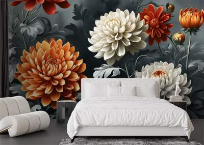 Autumnal Garden Patters with Dumosus Flowers and Grayscale Aster Textures in Retro Art Style Wall mural