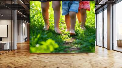 Barefoot adventure in lush green garden grass, embracing the joy of nature and healthy living. Wall mural