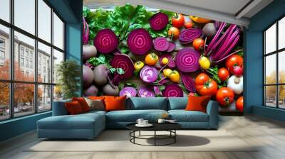 Bashful Beetroot Among a Vibrant Vegetable Medley in a Delightful Culinary Composition Wall mural