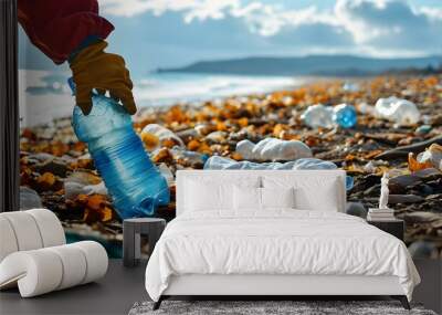 Beach cleanup in autumn focused on removing plastic litter for a cleaner environment Wall mural