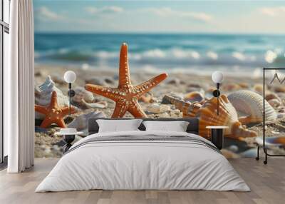 Beachside Discovery: Starfish and Shells Amidst a Summer Seaside Vacation Wall mural