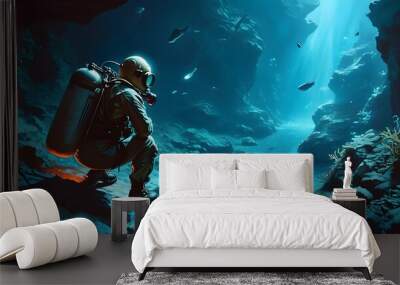 Bioluminescent Wonders of the Ocean Abyss Explored by Submersible Deep Sea Explorer Wall mural